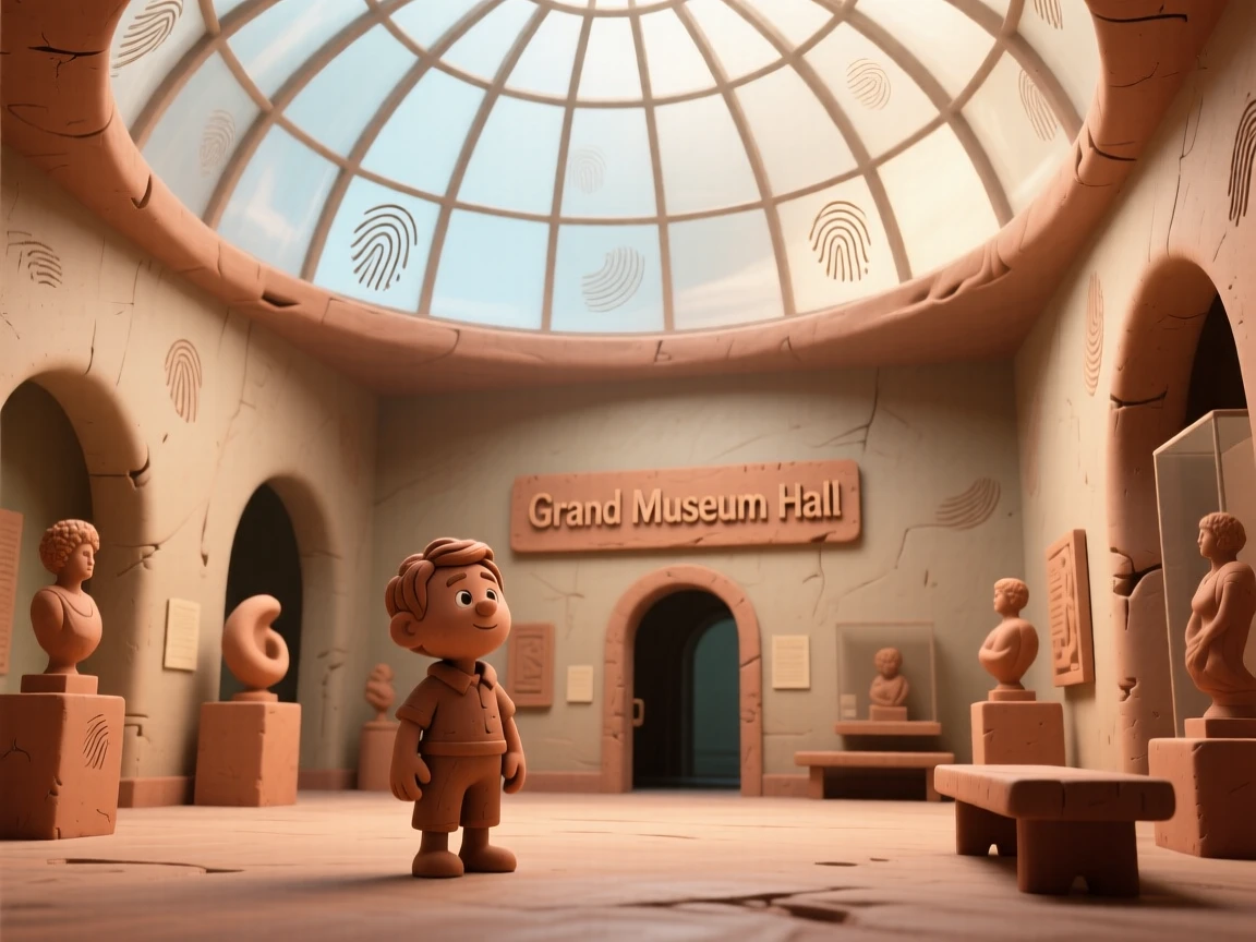 A grand museum hall lit softly beneath a domed glass ceiling