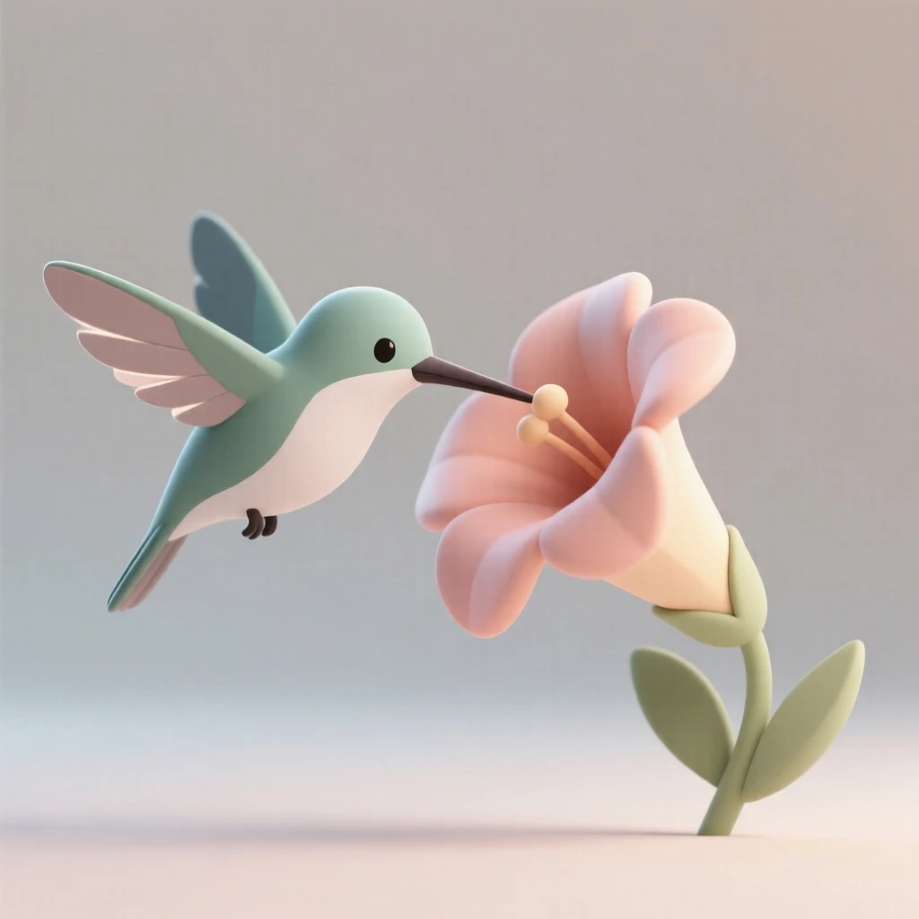 A tiny hummingbird hovers beside a blooming trumpet flower, wings beating so fast they blur into a shimmer.