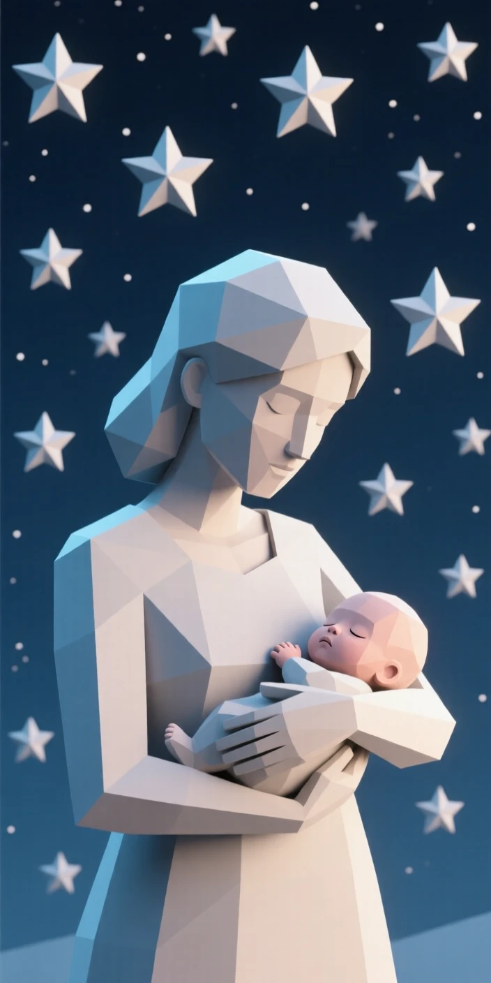 A mother cradling her sleeping newborn, beneath a sky full of stars. the composition captures genuine, candid emotion. There is a quiet sense of determination.