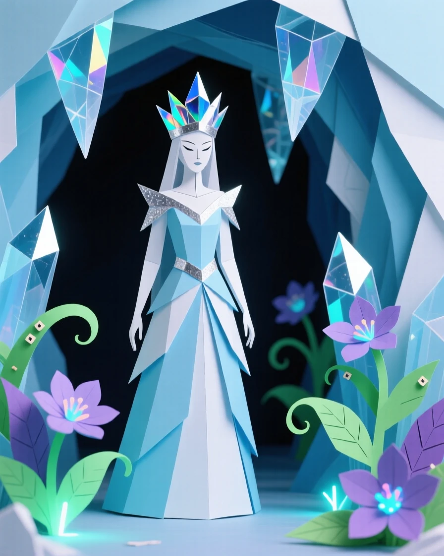 A crowned ice queen guarding a hidden crystal cave, with luminescent plants lighting the surroundings, conveying magic and quiet awe.