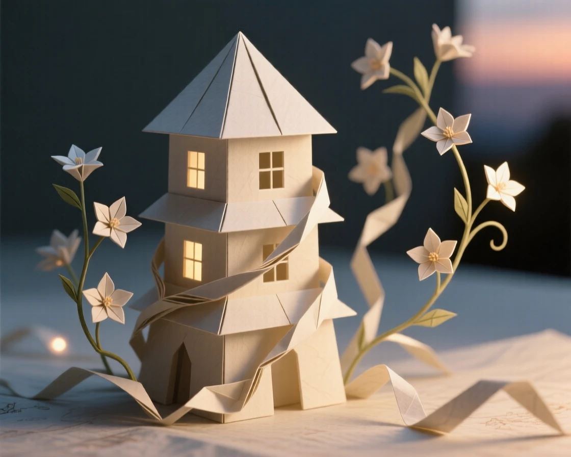 A tower wrapped in blooming vines that glow faintly as evening falls.