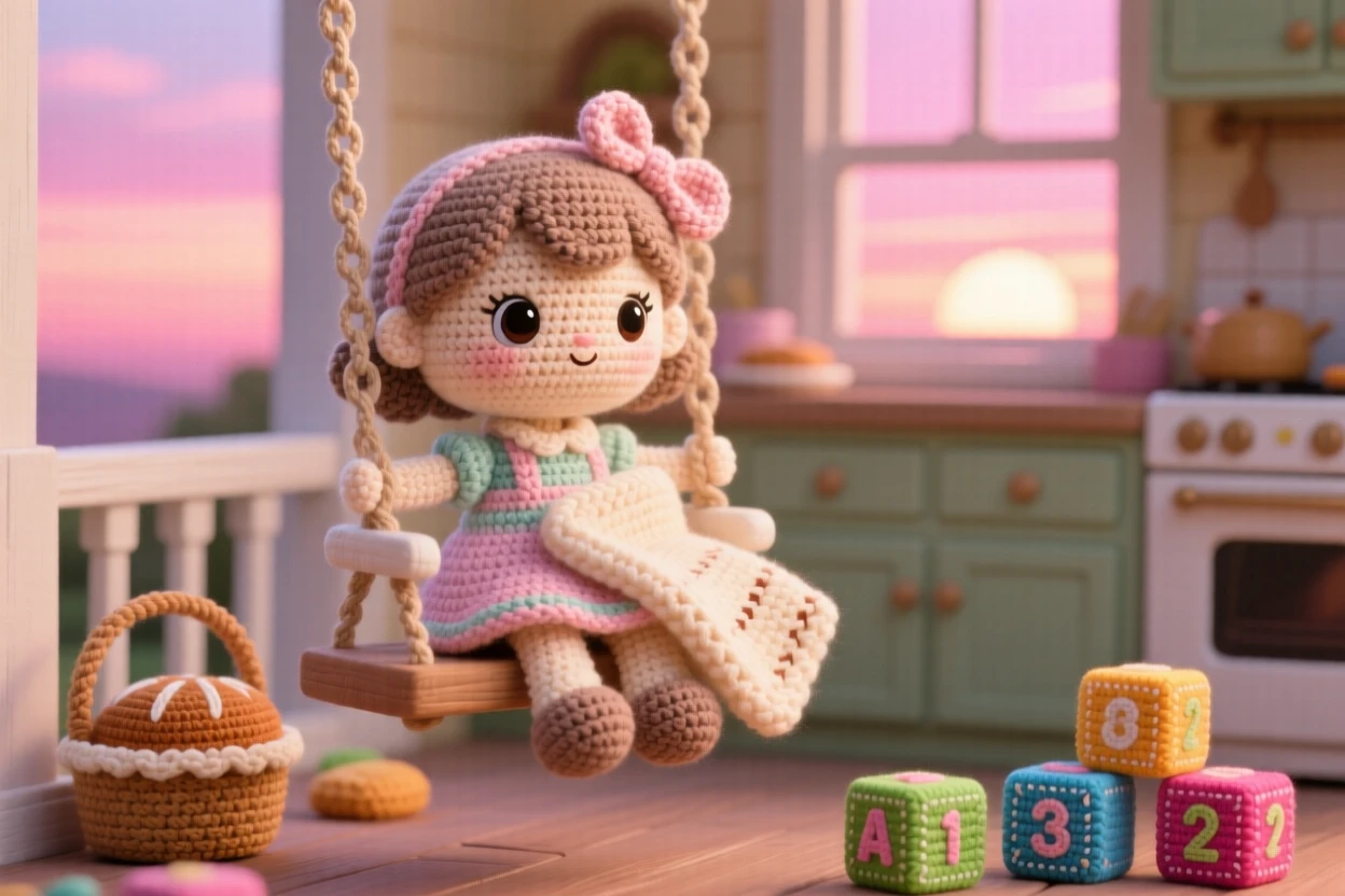a little girl watching the sunset from a porch swing, with a light blanket over her lap, is shown swinging gently as the sky turns pink within a quiet kitchen filled with the smell of baking beside a scattering of colorful toy blocks, capturing warm familial love and simple comfort.