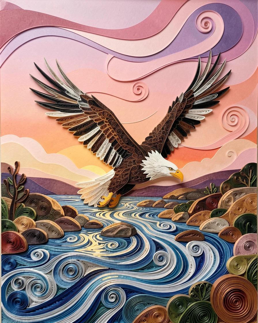 a bald eagle diving toward a rushing river, beneath a wide open sky at dawn, shown from a sweeping wide-angle perspective, with fine texture visible in every strand of fur.