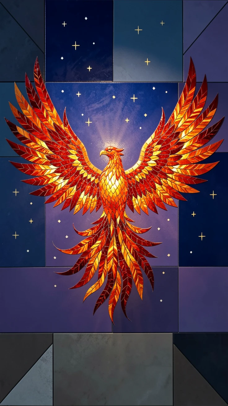 A phoenix rising in a burst of fiery feathers against a night sky, rendered with dramatic magical lighting and rich atmospheric detail.