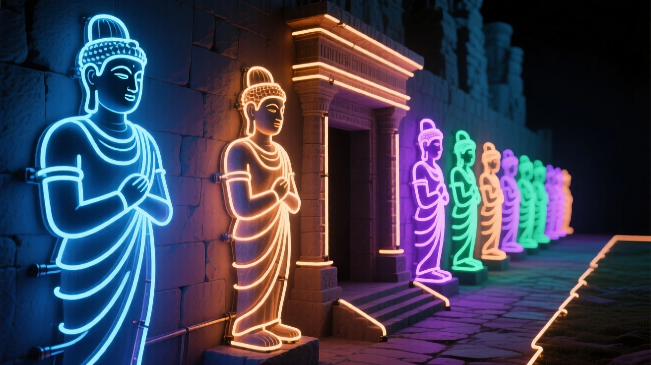A row of ancient stone statues lining a temple entrance path.