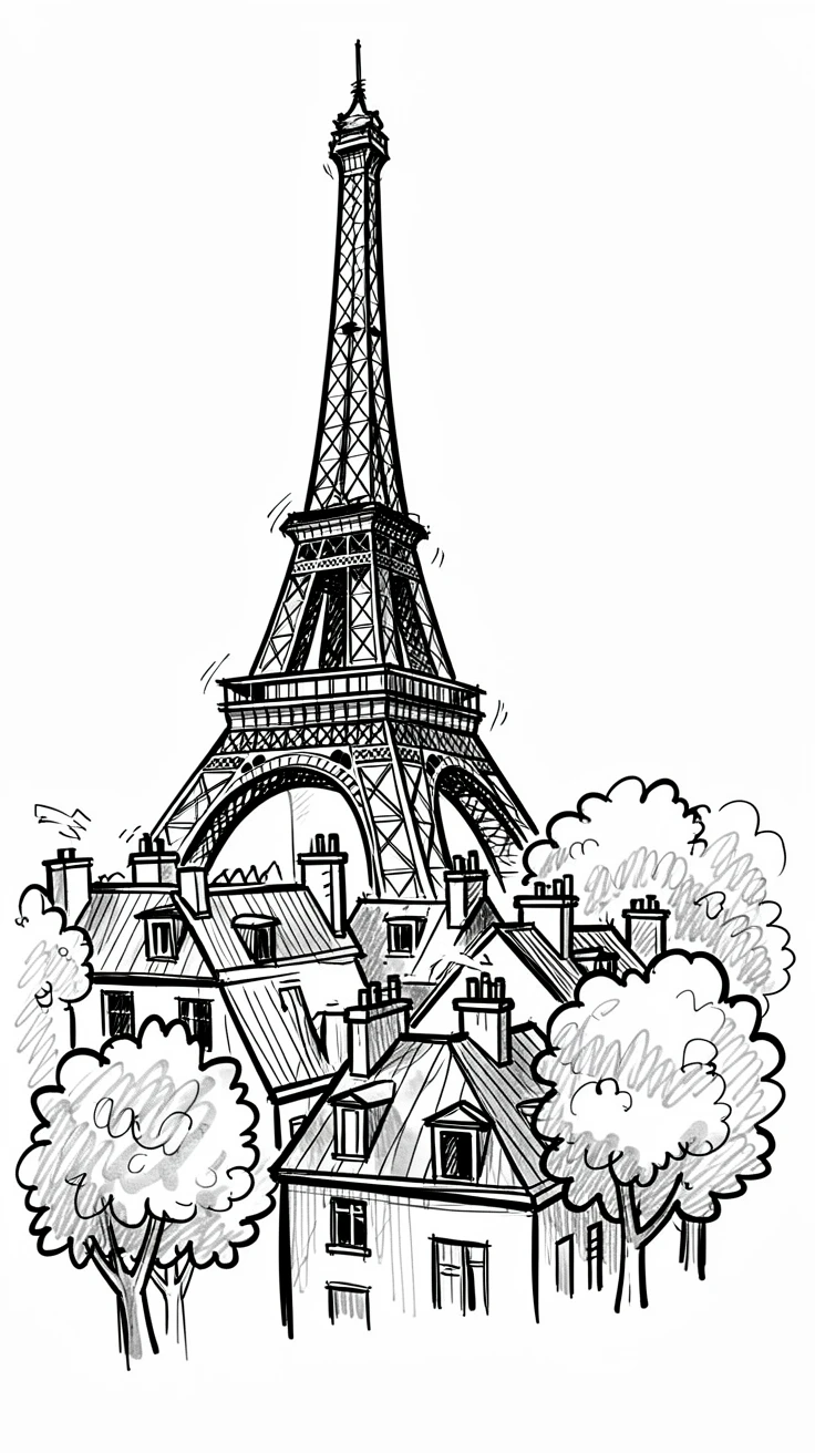 The Eiffel Tower rising above rooftops beside a row of flowering trees.