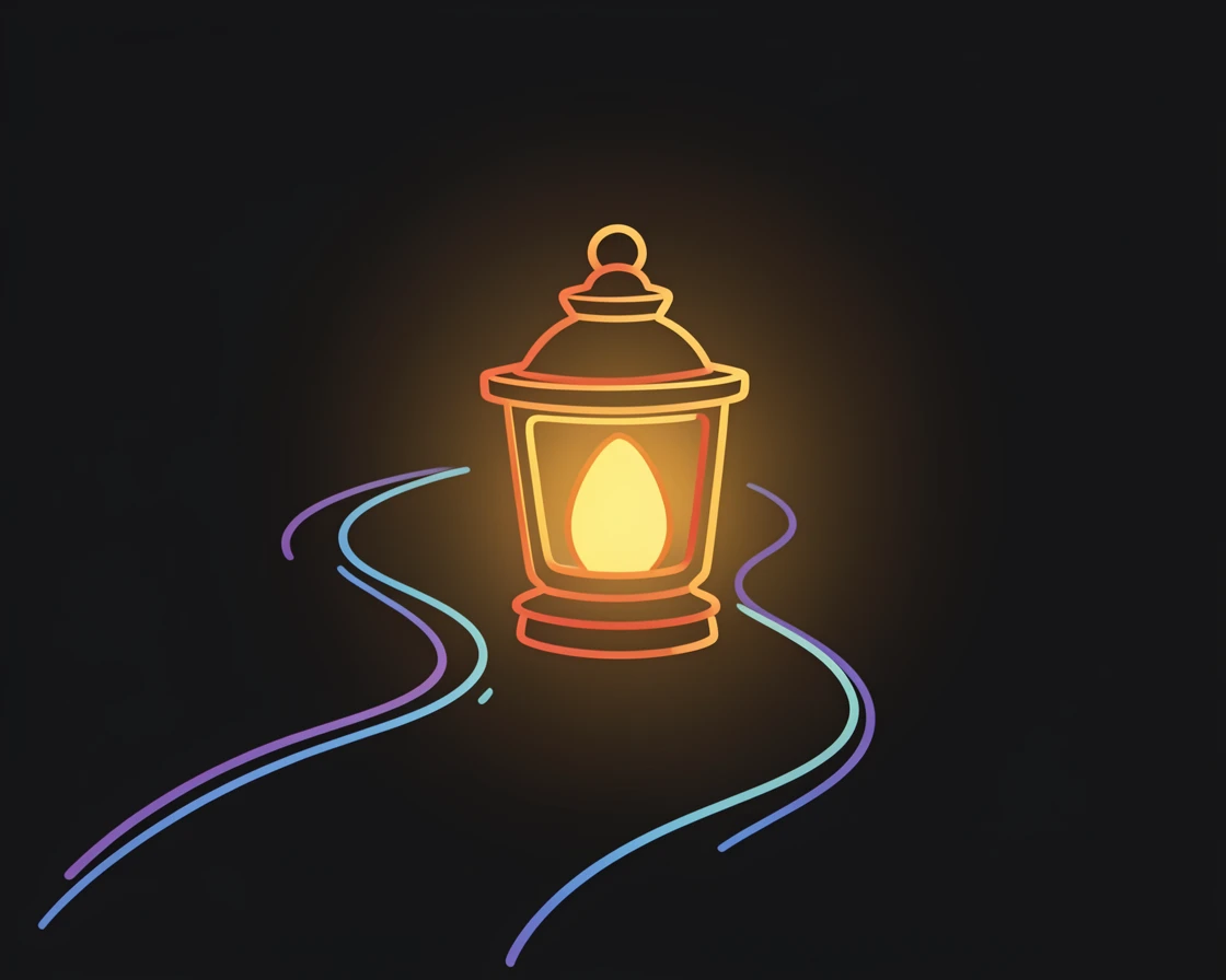 A single lantern glowing warmly in the darkness, guiding a path forward.