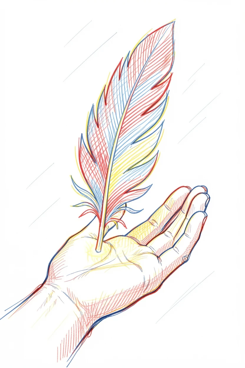 A phoenix feather glowing softly in an explorer's open palm