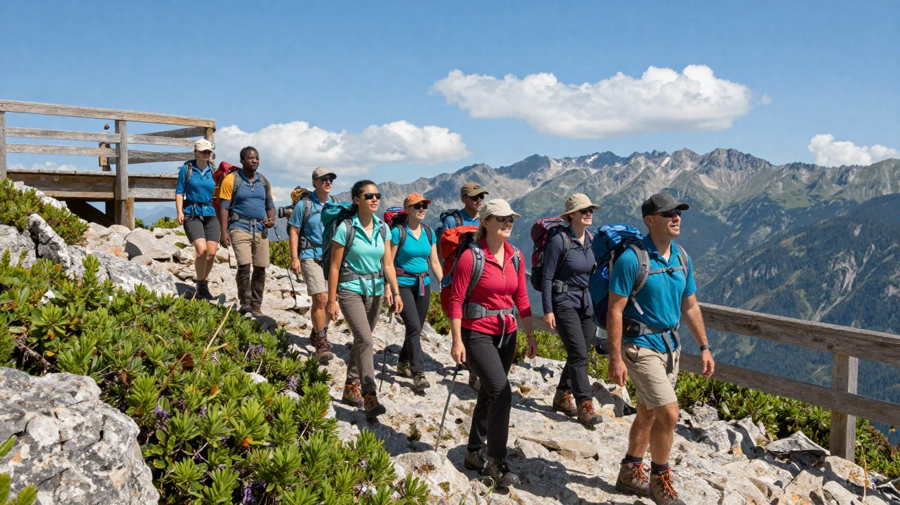 A group of hikers reaching a mountaintop lookout