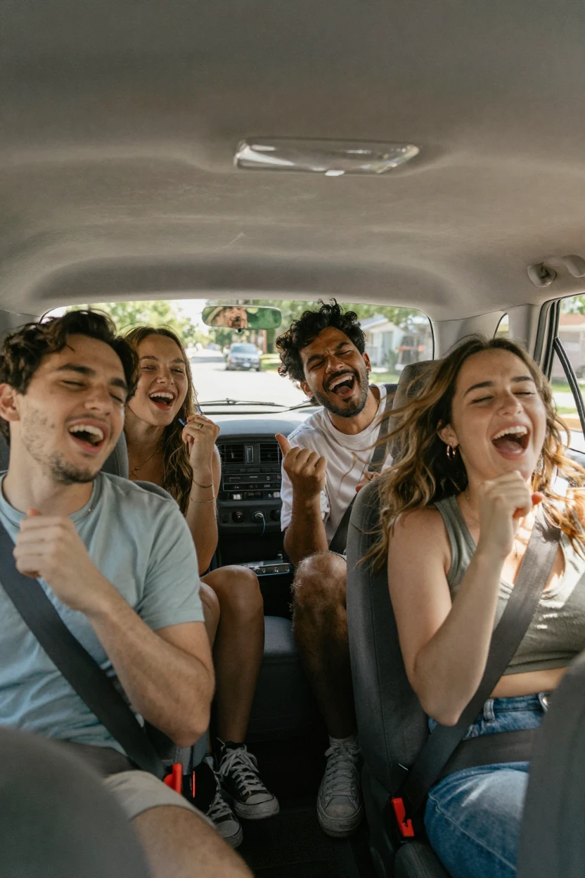 A group of friends sings loudly and off-key in a car with the windows down.