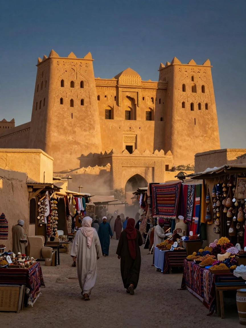 A desert fortress carved from sandstone standing quietly within a bustling Moroccan medina