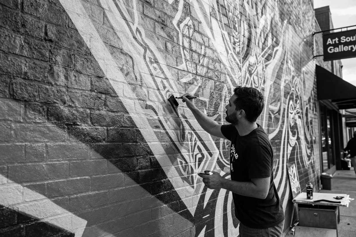 A street artist paints a mural on a brick wall in a colorful arts district.