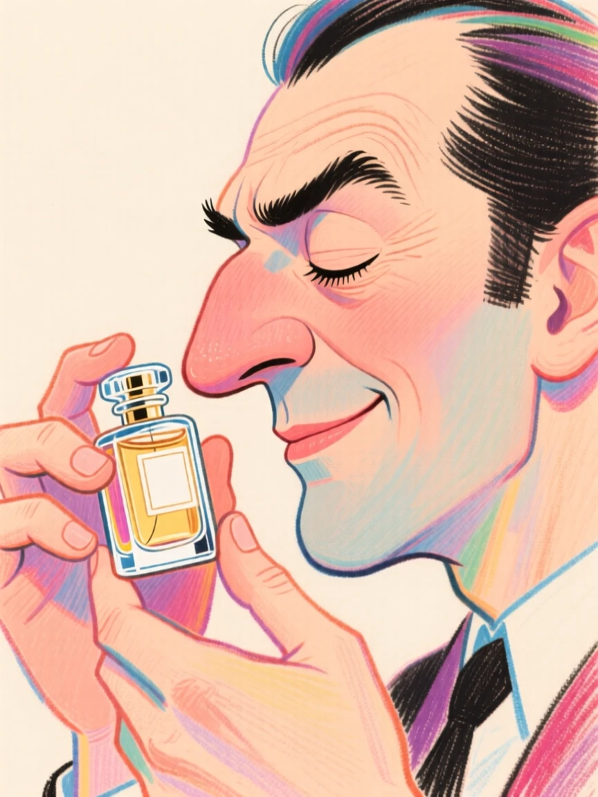 A perfumer sniffing a tiny vial, eyes closed in concentration.