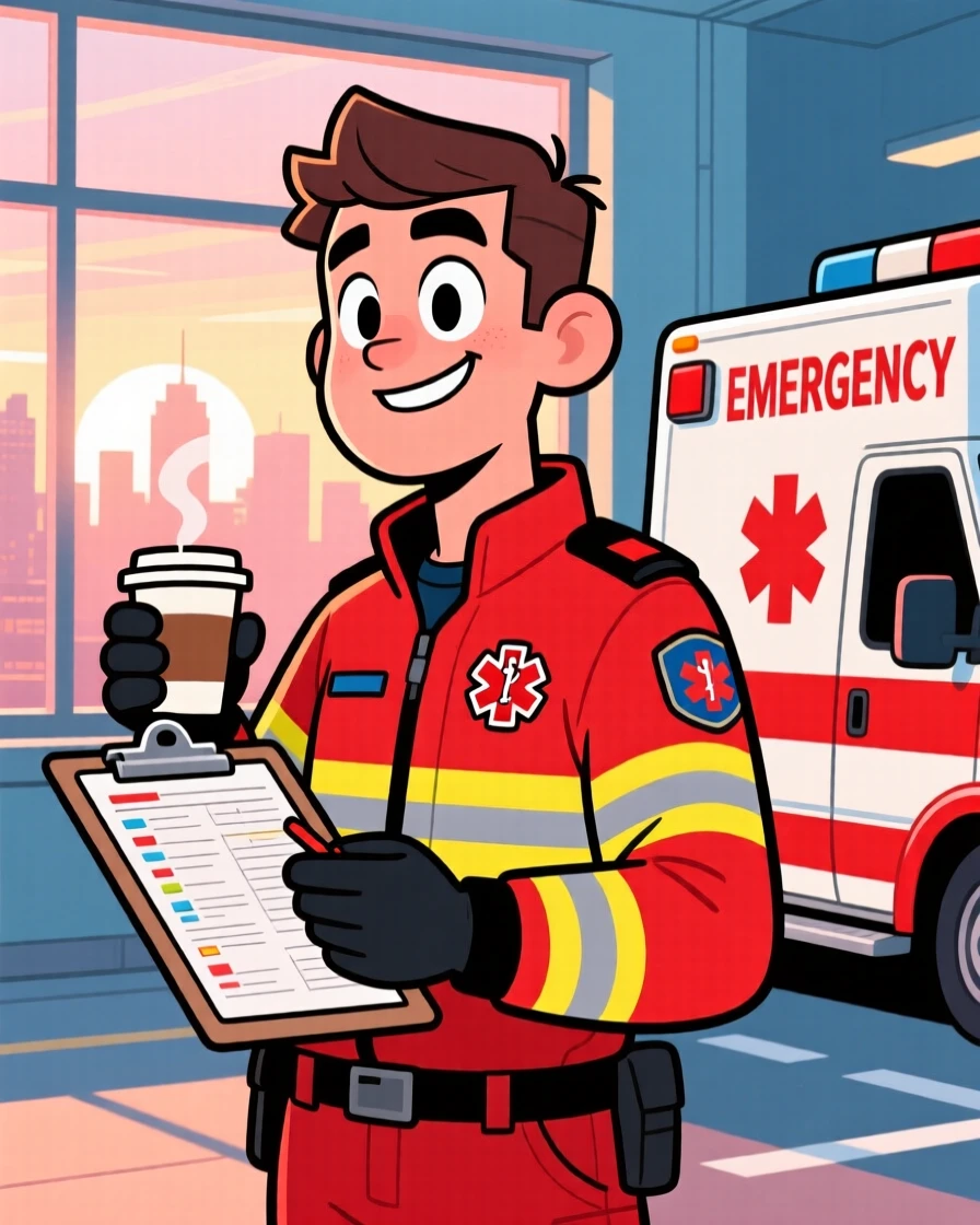 A vibrant profession-themed portrait of a tireless paramedic carefully double-checking every last detail, at the crack of dawn with coffee in hand.