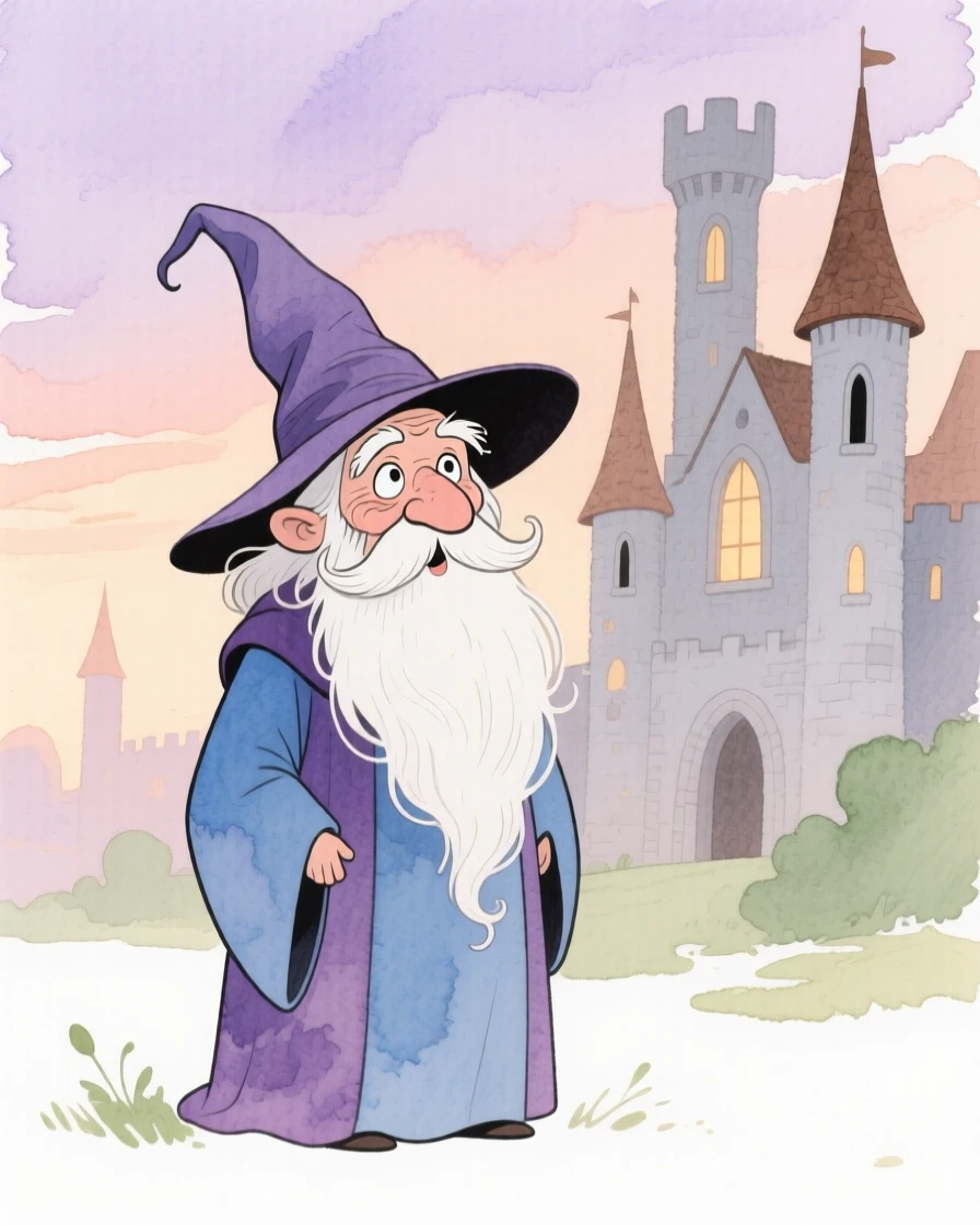 A wise old wizard standing before an ancient castle at dusk