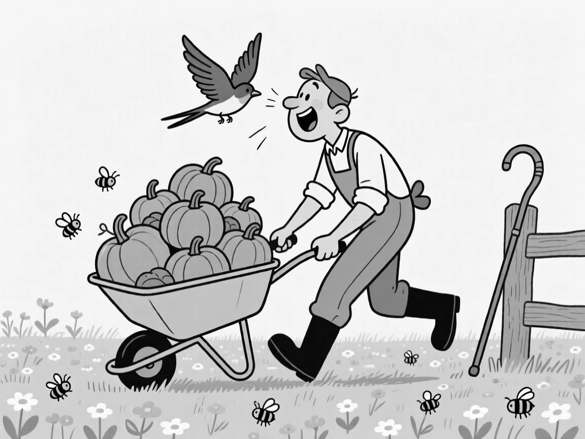 A gardener triumphantly wheelbarrowing a mountain of pumpkins, ducking as wings flap past a startled face, set in a wildflower meadow buzzing with life. A lone shepherd's crook leans against a fence post. There's a fresh, playful energy woven through the moment.