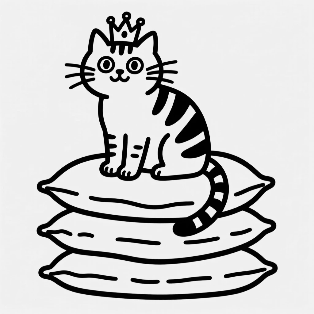 A tabby cat perched proudly on a stack of pillows like a tiny king.