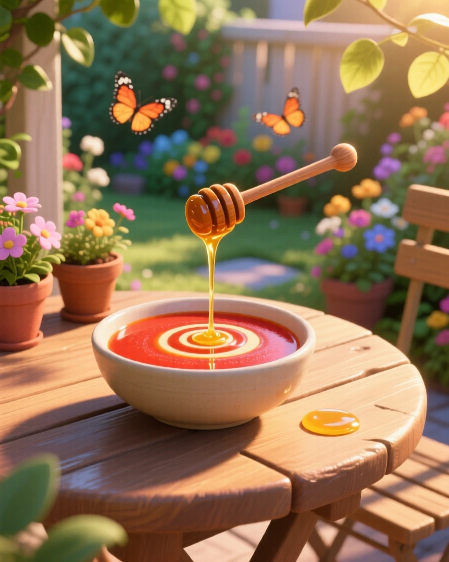 A bowl of creamy tomato bisque sits at a small table overlooking a garden, with honey drizzling slowly over the top. The setting feels relaxed and satisfying.