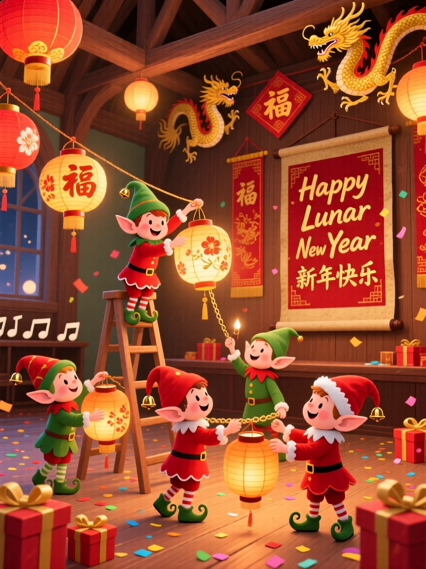 In a decorated town hall, a group of cheerful elves celebrate together by hanging paper lanterns for a Lunar New Year celebration, while soft carols play in the background.