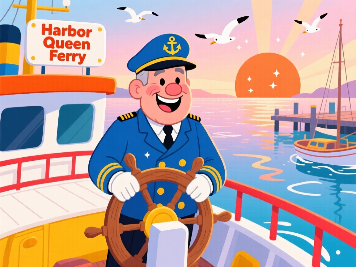 A ferry captain steering through a calm harbor at sunrise.