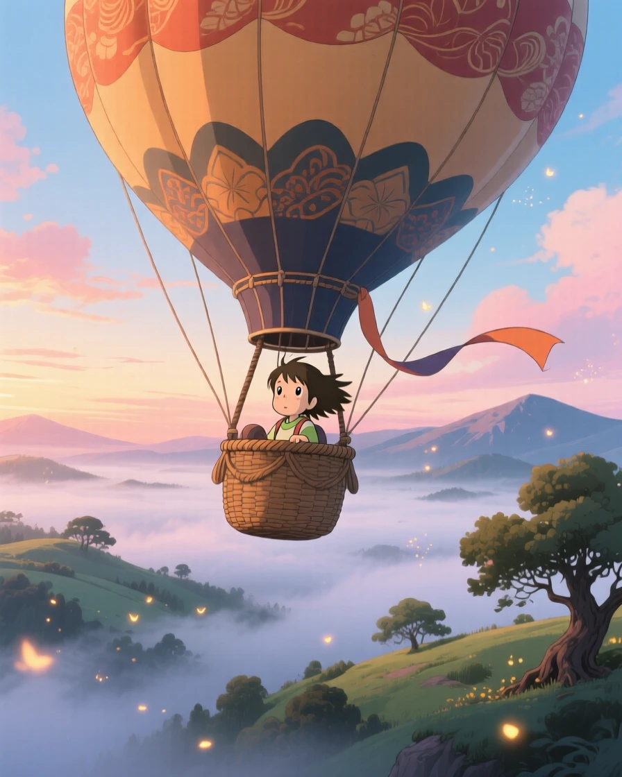 A stunning view of a hot air balloon drifting above a layer of morning fog, captured from a dramatic low angle.
