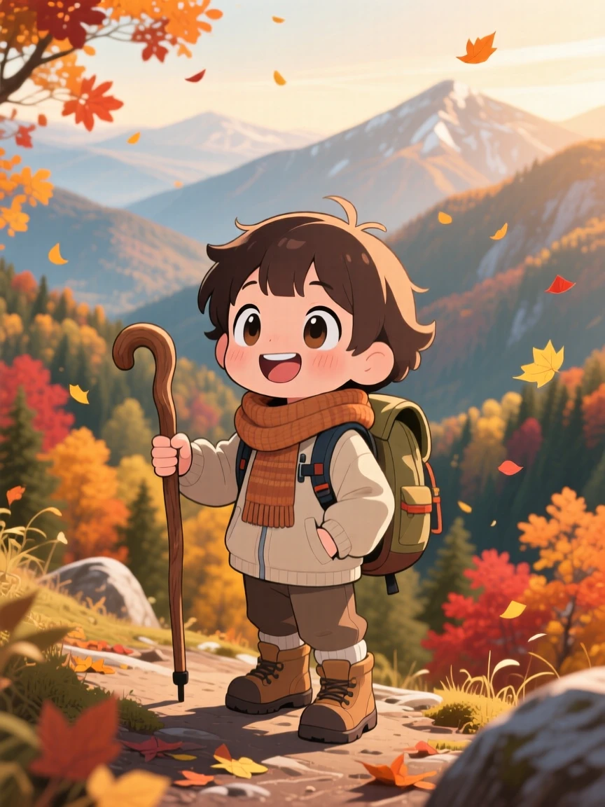A young hiker reaching a scenic overlook with a walking stick in a forested mountain trail on a crisp autumn afternoon; gentle candlelight washes over the scene as bubbly enthusiasm fills the moment. Medium shot.