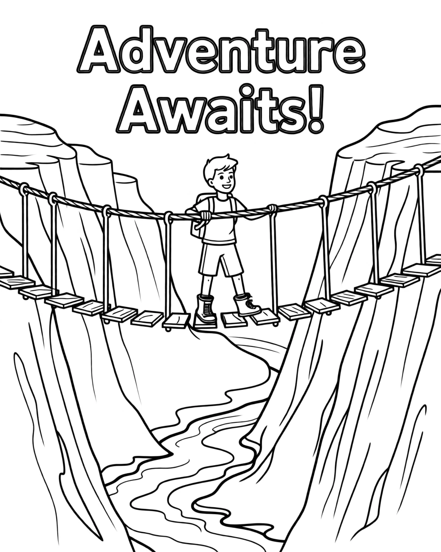 An adventurer crossing a rope bridge over a deep canyon