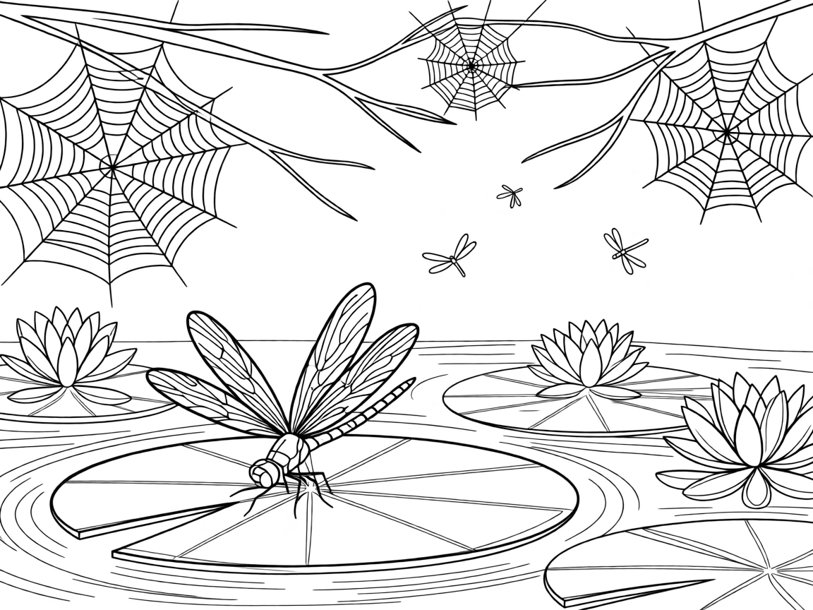 A dragonfly resting on a lily pad, with delicate spider webs strung between branches.