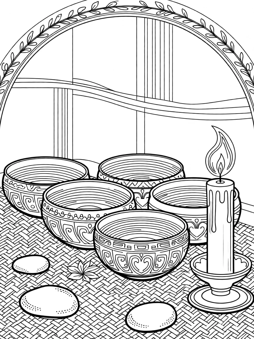 A row of singing bowls arranged on a woven mat with a lit candle.
