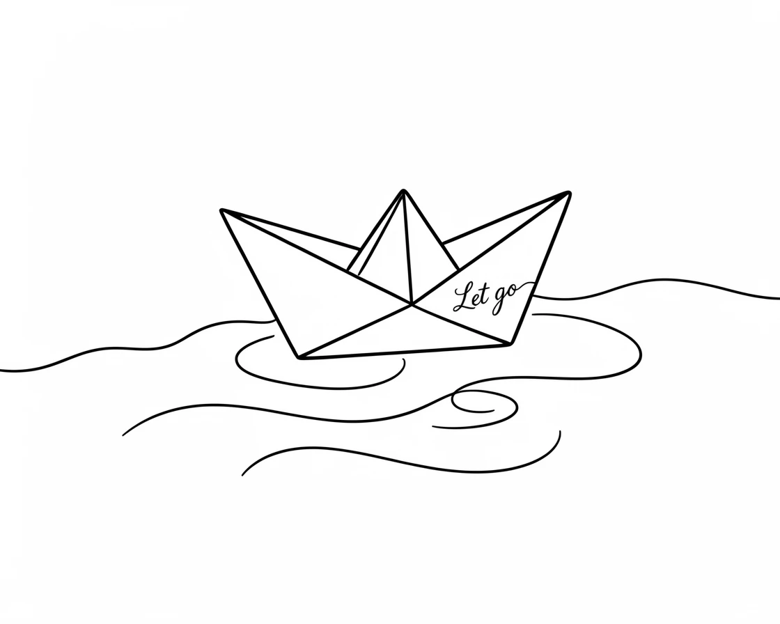A single origami boat floating down a quiet stream, representing letting go
