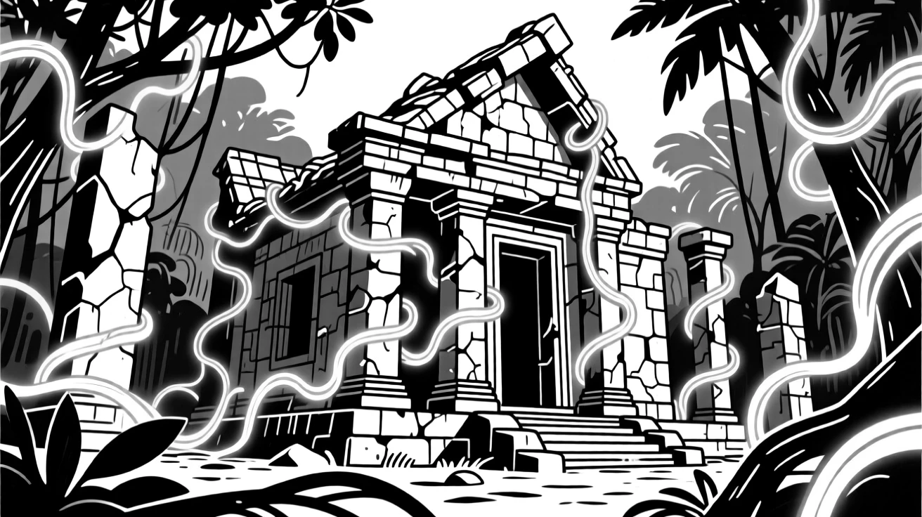 A crumbling ancient temple overtaken by glowing vines in a jungle.