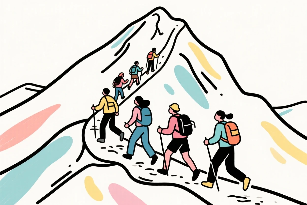 A group of friends hiking together toward a mountain summit.