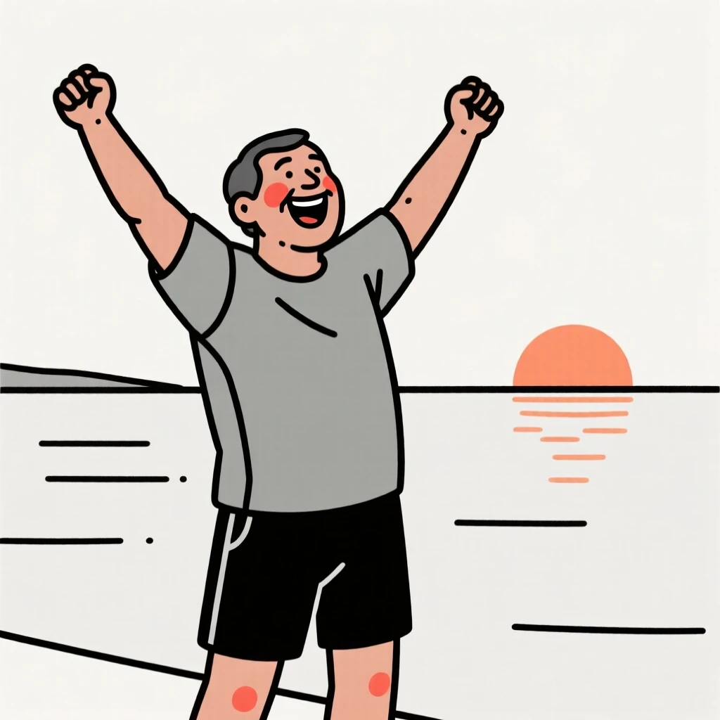 A middle-aged man of Mexican heritage in athletic workout wear, bursting with excitement, beside a calm lake at sunrise.