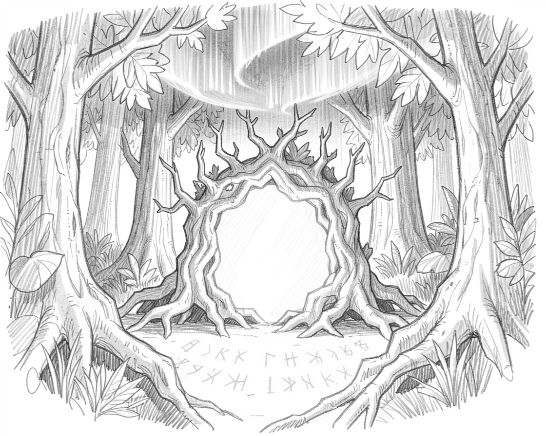 An epic fantasy scene of a portal opening in the middle of an ancient forest beneath a sky swirling with auroras, with ancient runes glowing faintly on the ground.