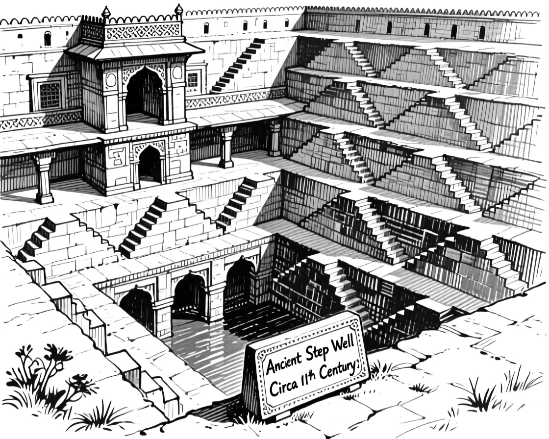The ancient step wells of India descending into cool geometric shadows.