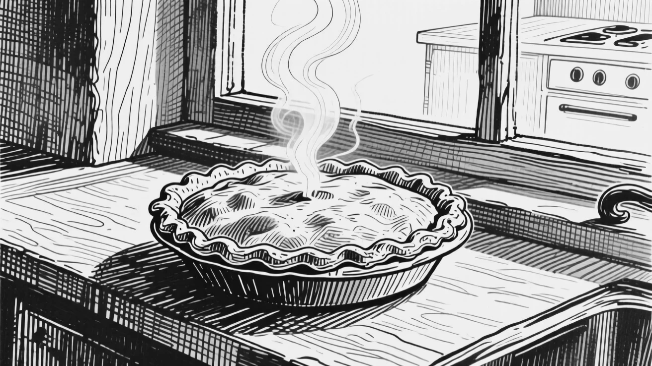 A pie cooling on a windowsill displayed under the soft light of a kitchen window, with steam rising gently into the air, presented in a warm and comforting culinary still life.