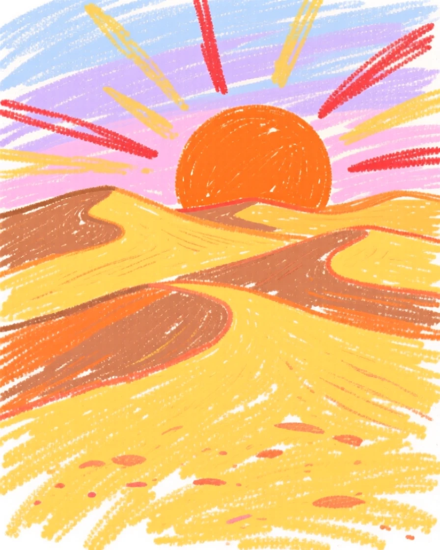 Rolling sand dunes glowing golden under a setting desert sun.