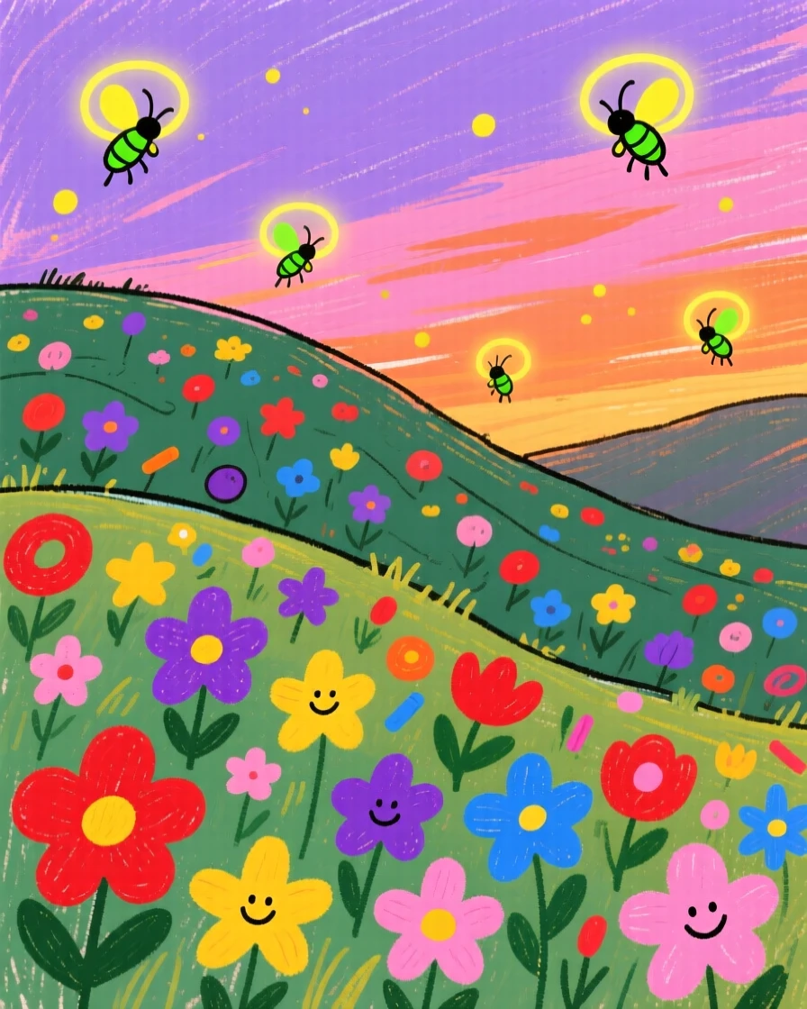 A wildflower-covered hillside at dusk as fireflies begin to glow.