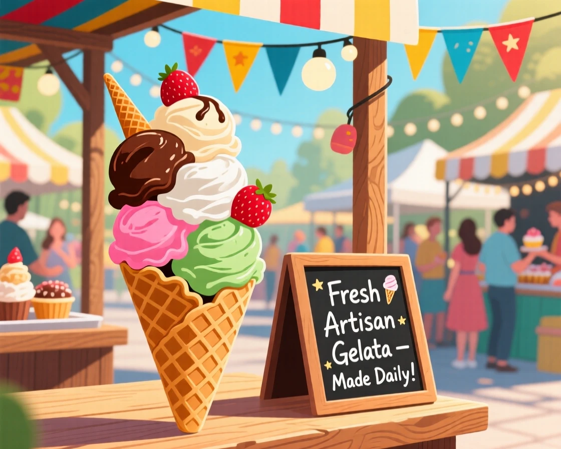 A stack of waffle cones filled with scoops of gelato, set within a bustling outdoor market stall, captured with a close, mouthwatering focus, with a joyful, celebratory feel.