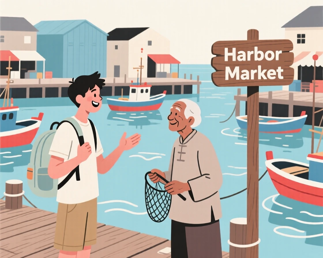 A traveler chatting with a local near a bustling harbor.
