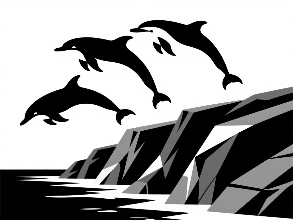 A pod of dolphins leaping along a rocky coastline.