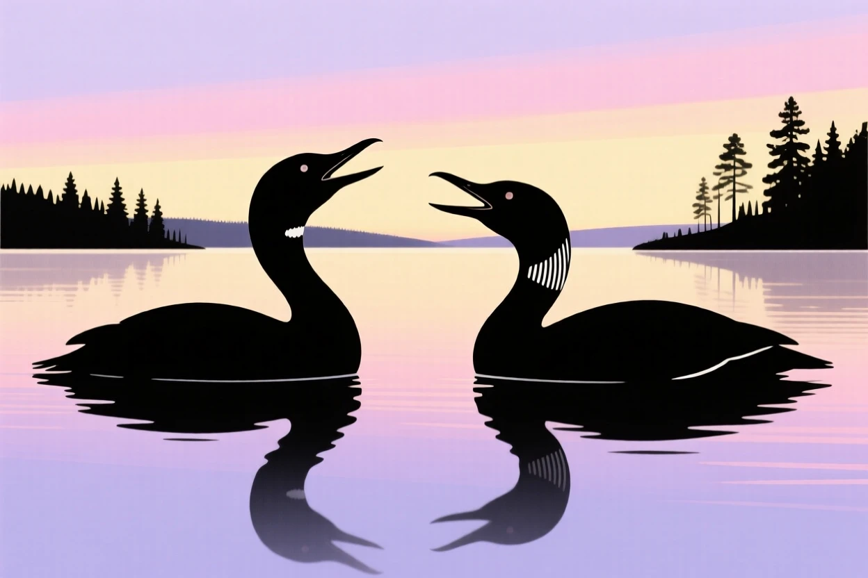 A pair of loons calling to each other across a still northern lake.
