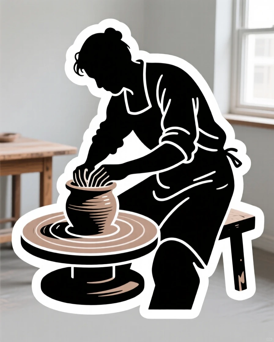 A quietly passionate potter shaping clay on a spinning wheel, captured mid-motion during their favorite activity, on a quiet weekend afternoon.