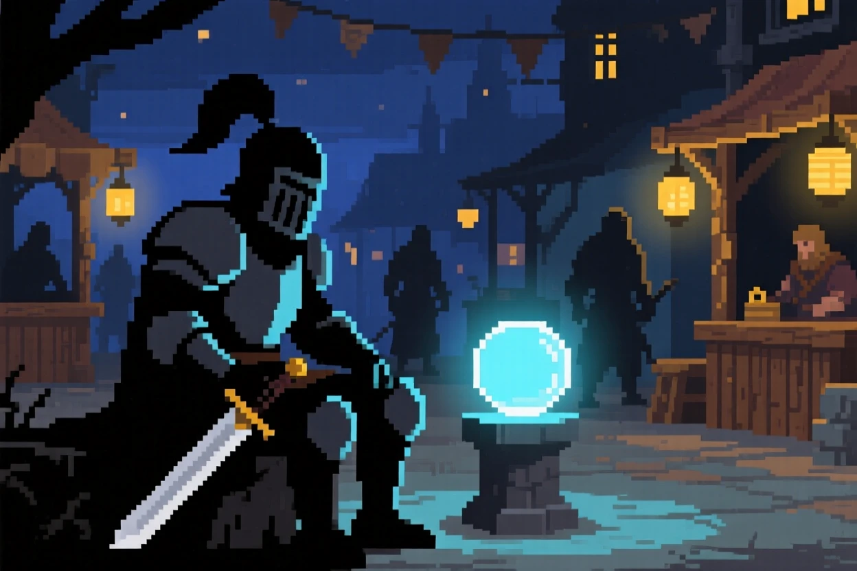 A wandering knight resting at a save point glowing softly in the dark, in a bustling adventurer's guild town.