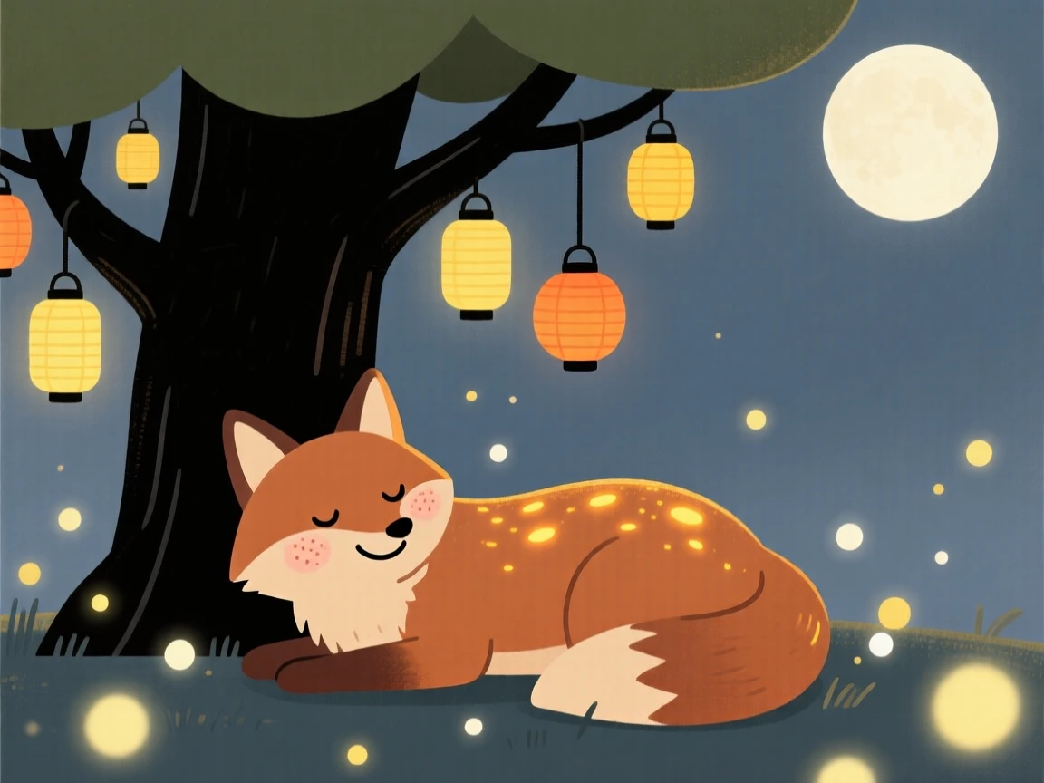 A fox with glowing markings rests beneath a tree hung with lanterns in an moonlit clearing, surrounded by drifting motes of light that drifts gently through the air.