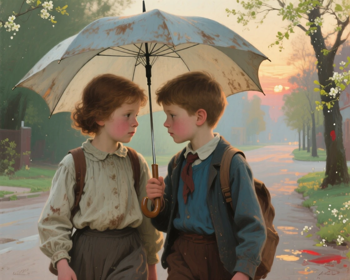 A detailed close shot of two children sharing an umbrella while walking home from school, in late spring, at dawn.