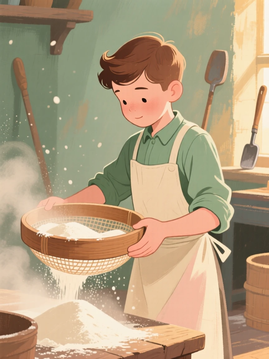 A miller's apprentice sifting flour through a wooden sieve