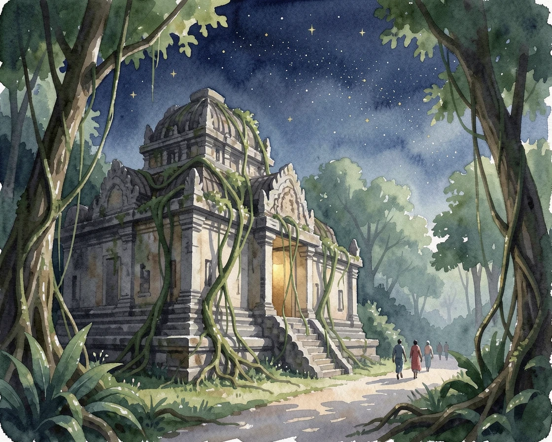 An ancient stone temple wrapped in jungle vines under a starlit sky with travelers strolling along the path.