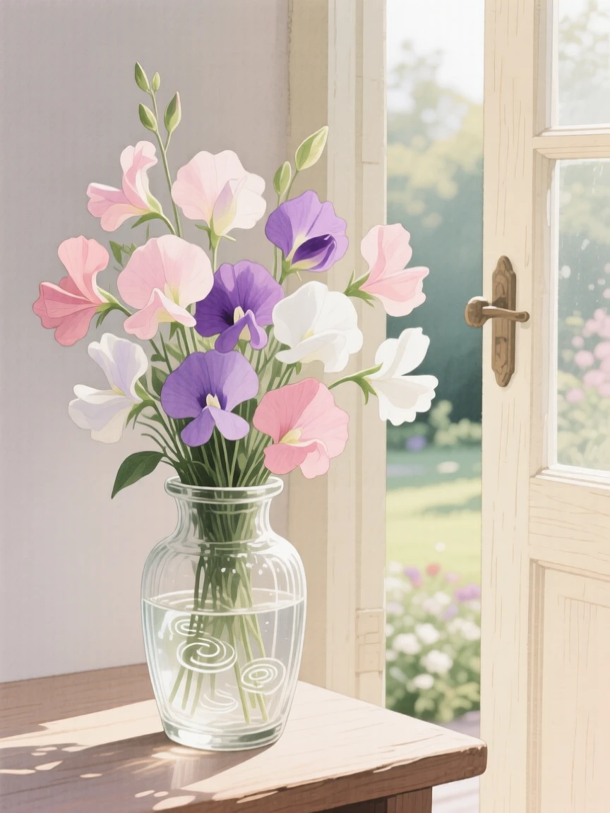 A bouquet of sweet peas in soft, layered tones fills a vintage glass vase beside an open garden door, petals catching the gentle light