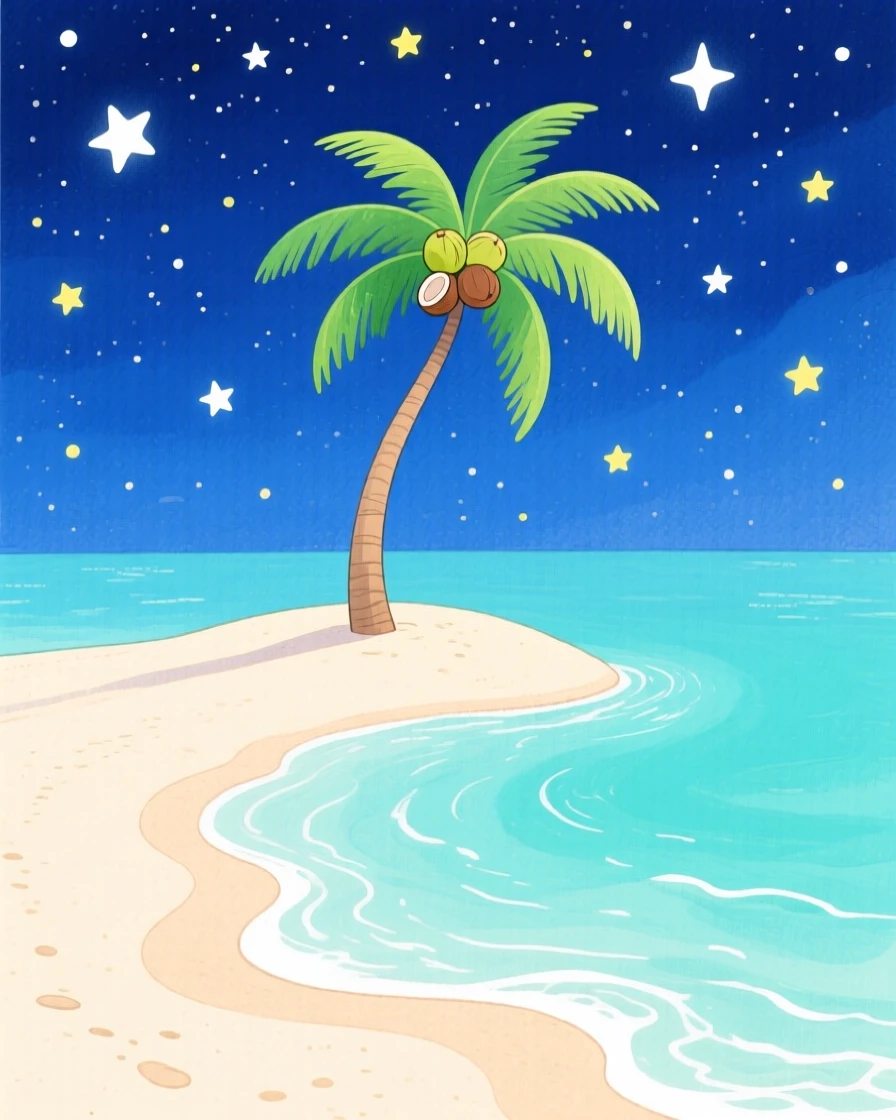A panoramic scene of a tropical island with a single palm tree beneath a starry night sky.
